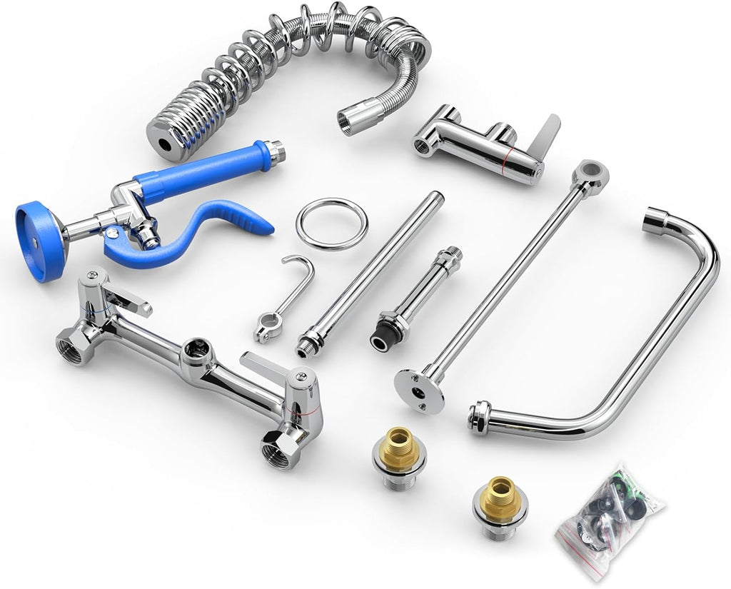 Commercial Faucet with Sprayer for Kitchen Sink: Akwadu Wall Mount Commercial Kitchen Faucet with Sprayer for Compartment Sink - 25" Height 8" Center Pre Rinse Faucet with 10 Inches Add-On Spout