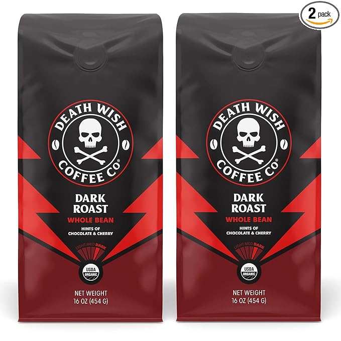 Death Wish Coffee Co., Organic and Fair Trade Dark Roast Whole Bean Coffee, 16 oz