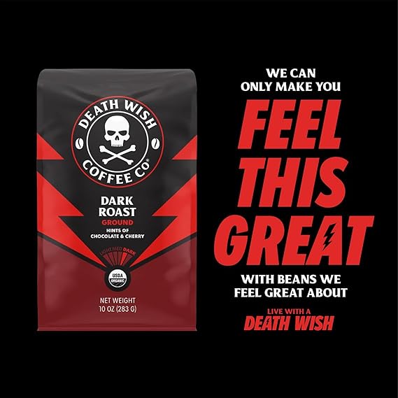 Death Wish Coffee Co., Organic and Fair Trade Dark Roast Whole Bean Coffee, 16 oz