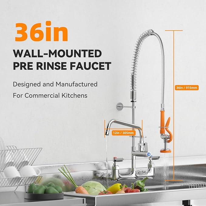 Commercial Faucet with Sprayer for Kitchen Sink: Akwadu Wall Mount Commercial Kitchen Faucet with Sprayer for Compartment Sink - 25" Height 8" Center Pre Rinse Faucet with 10 Inches Add-On Spout
