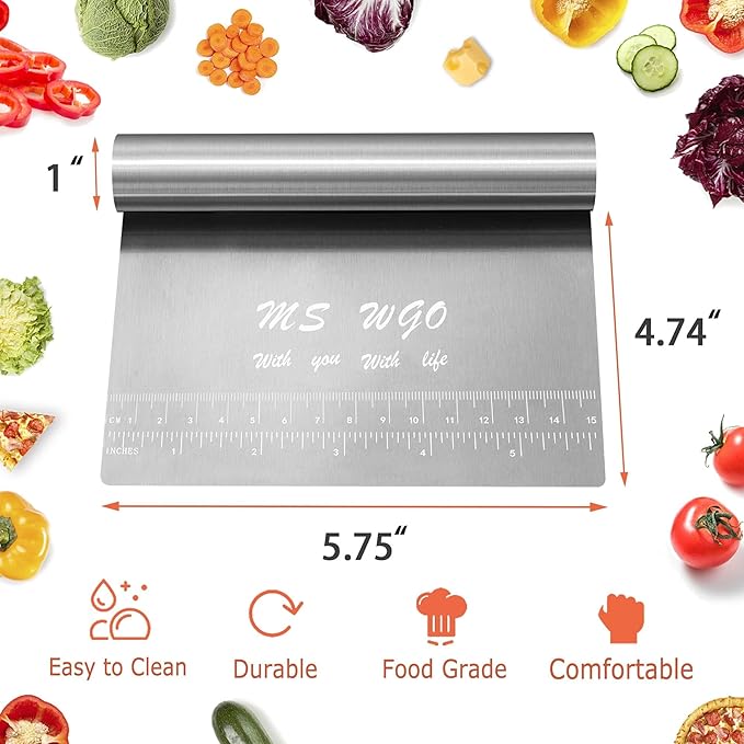 Pro Dough Pastry Scraper/Cutter/Chopper Stainless Steel Mirror Polished with Measuring Scale Multipurpose- Cake, Pizza Cutter - Pastry Bread Separator