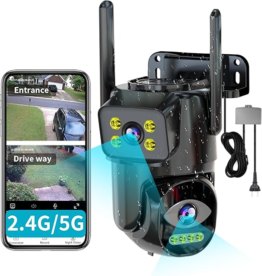 Dual Lens Wi-Fi Security Camera Outdoor, 2.4G/5G PTZ Outdoor Plug-in Camera Auto Tracking, Home Security Surveillance System,WiFi,Night Vision,7/24 Recording
