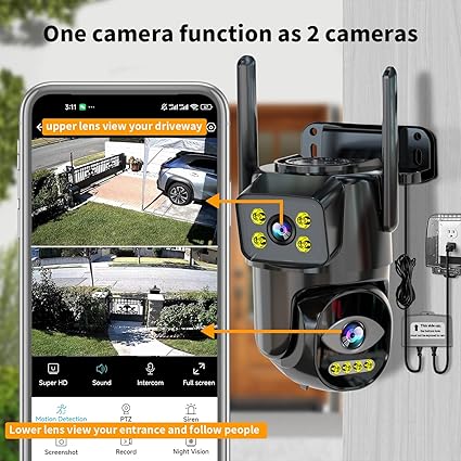 Dual Lens Wi-Fi Security Camera Outdoor, 2.4G/5G PTZ Outdoor Plug-in Camera Auto Tracking, Home Security Surveillance System,WiFi,Night Vision,7/24 Recording