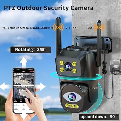 Dual Lens Wi-Fi Security Camera Outdoor, 2.4G/5G PTZ Outdoor Plug-in Camera Auto Tracking, Home Security Surveillance System,WiFi,Night Vision,7/24 Recording
