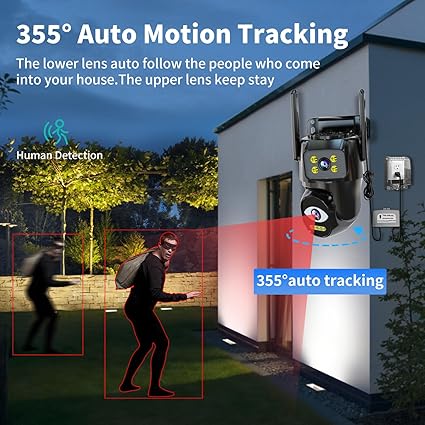 Dual Lens Wi-Fi Security Camera Outdoor, 2.4G/5G PTZ Outdoor Plug-in Camera Auto Tracking, Home Security Surveillance System,WiFi,Night Vision,7/24 Recording