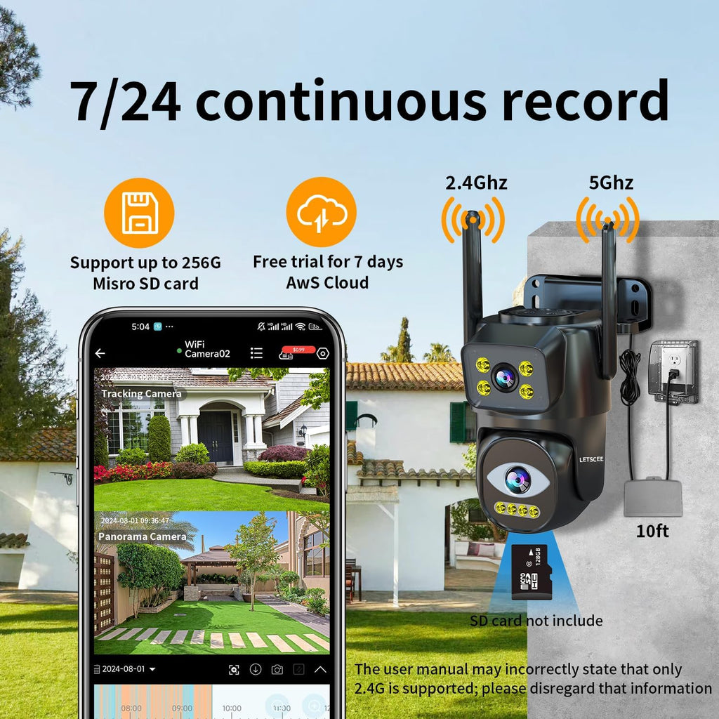 Dual Lens Wi-Fi Security Camera Outdoor, 2.4G/5G PTZ Outdoor Plug-in Camera Auto Tracking, Home Security Surveillance System,WiFi,Night Vision,7/24 Recording