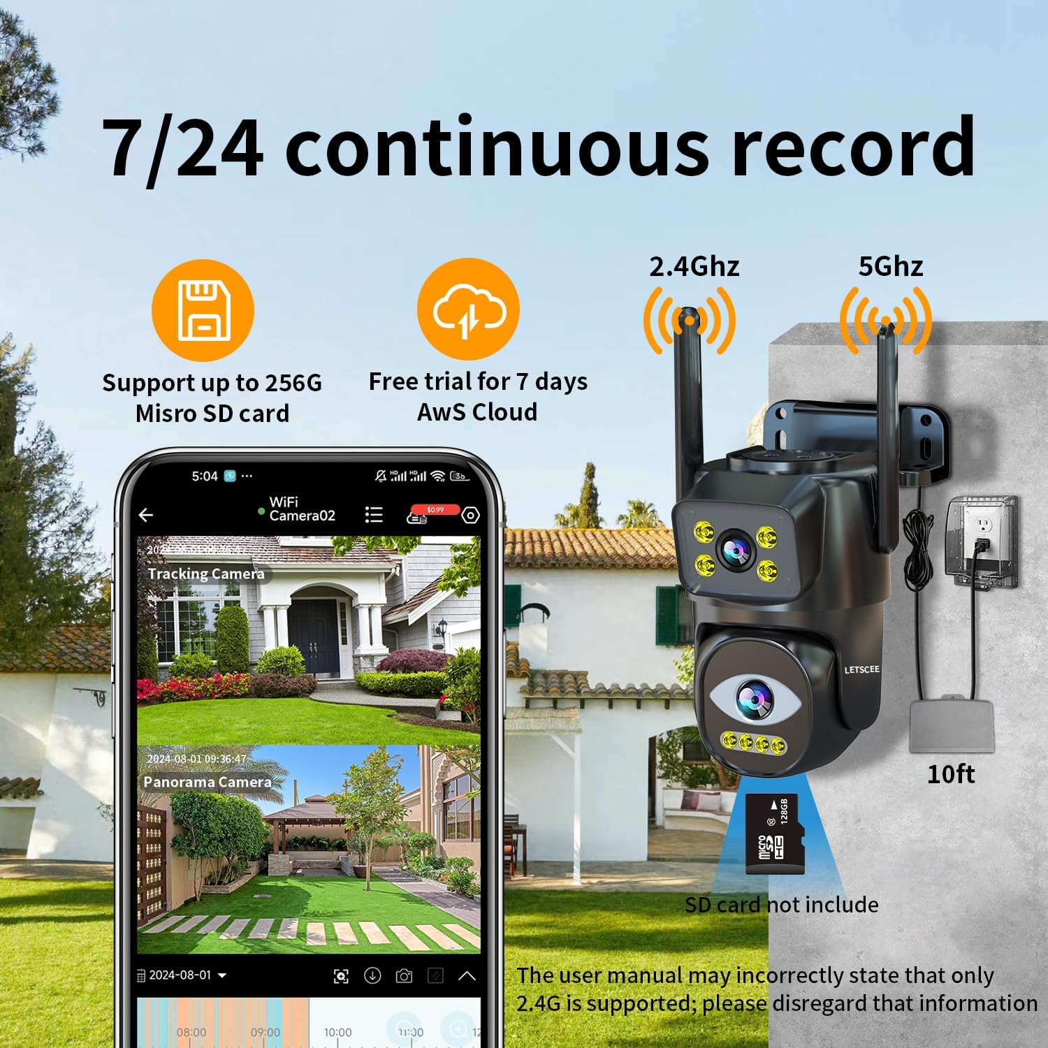 Dual Lens Wi-Fi Security Camera Outdoor, 2.4G/5G PTZ Outdoor Plug-in Camera Auto Tracking, Home Security Surveillance System,WiFi,Night Vision,7/24 Recording