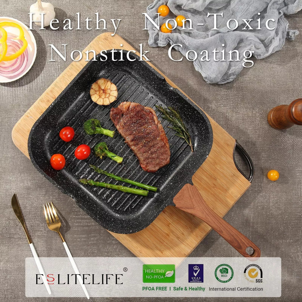 ESLITE LIFE 9.5 Inch Nonstick Grill Pan for Indoor Cooking