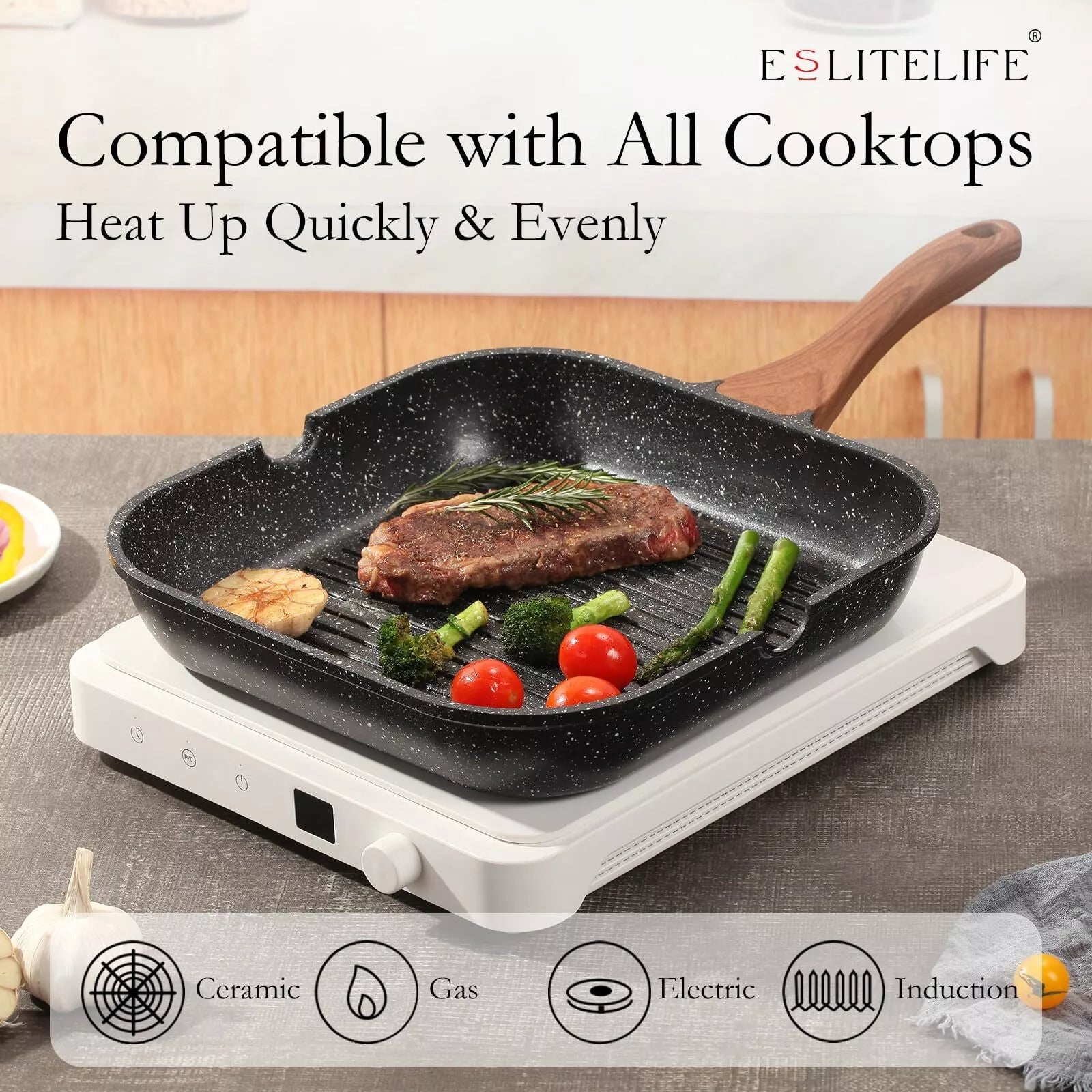 ESLITE LIFE 9.5 Inch Nonstick Grill Pan for Indoor Cooking