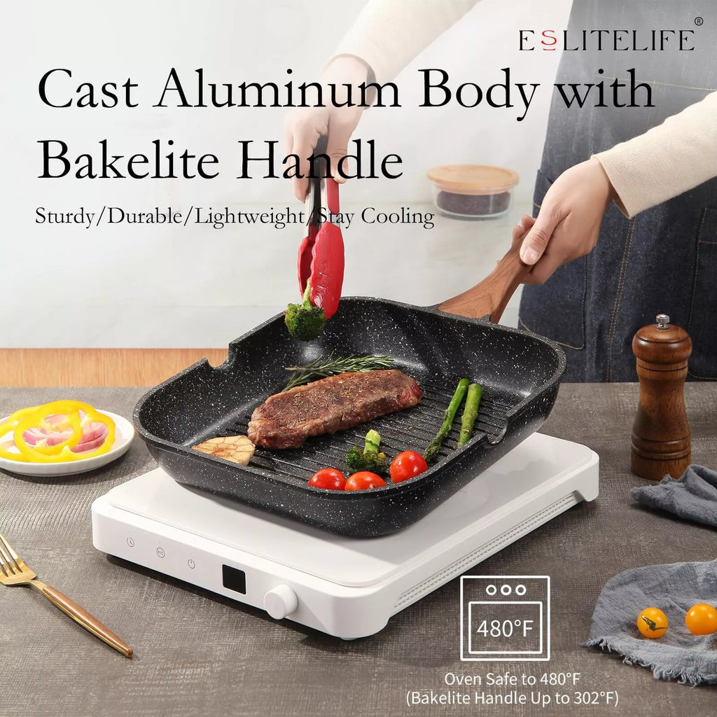 ESLITE LIFE 9.5 Inch Nonstick Grill Pan for Indoor Cooking