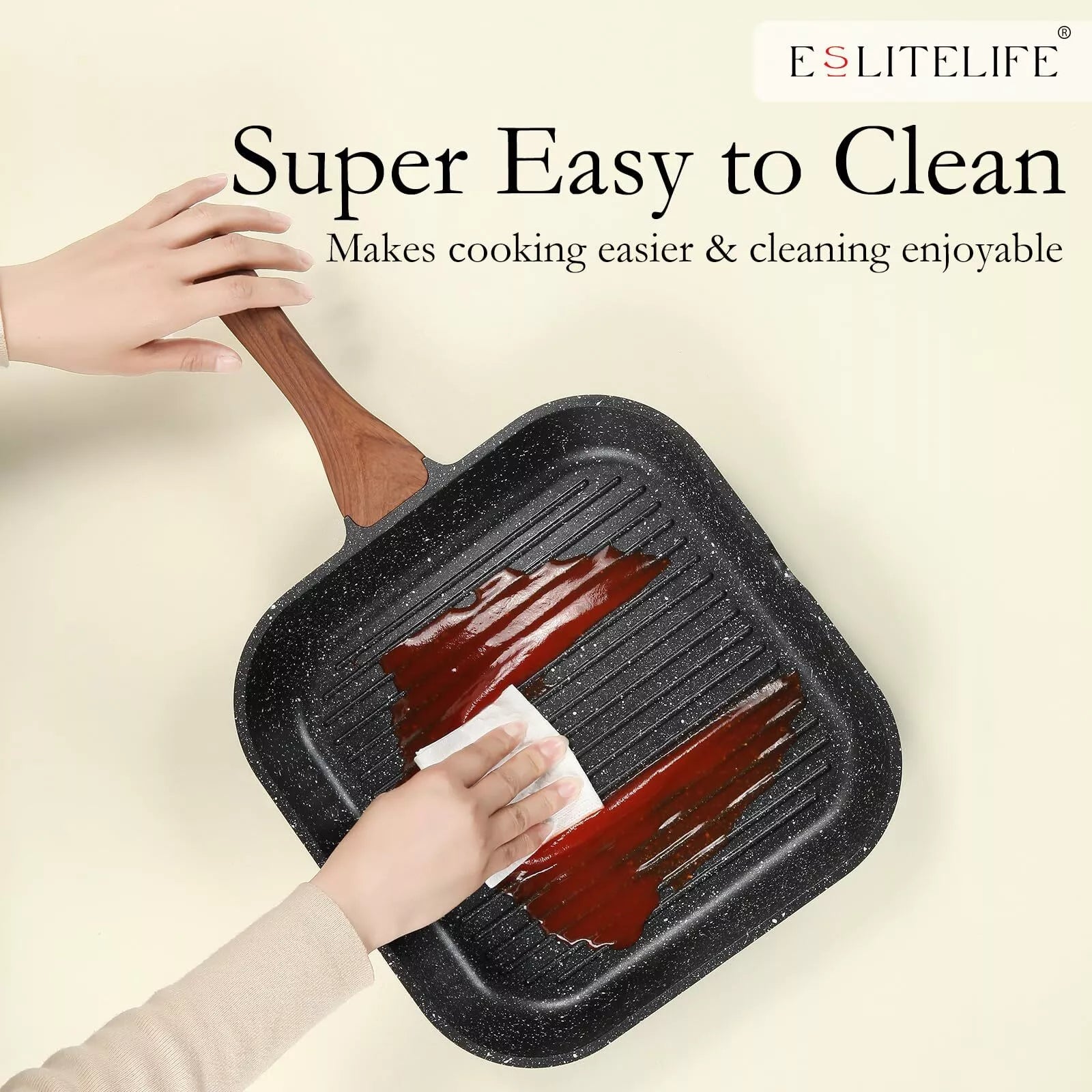 ESLITE LIFE 9.5 Inch Nonstick Grill Pan for Indoor Cooking