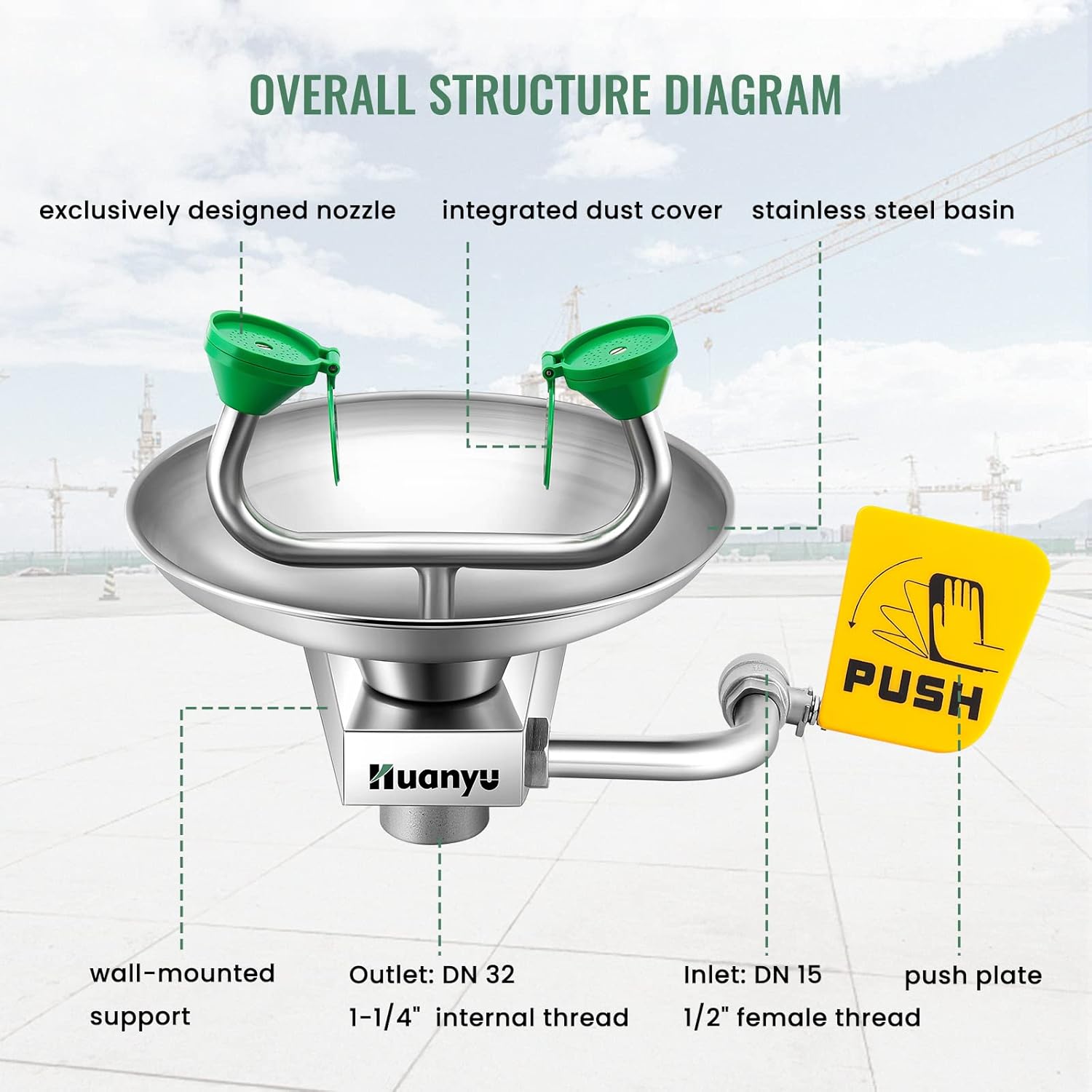 Huanyu Emergency Eye Wash Station Wall Mounted Eyewash Stations Safety First Aid Commercial Eye Washing with Sign for Factory Hospital