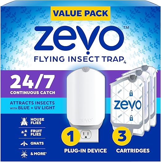 Zevo Flying Insect Trap for Indoors: Light Trap Captures Fruit Flies, Gnats and Houseflies, Starter Kit + Refills (1 Plug-in Base + 3 Cartridges)