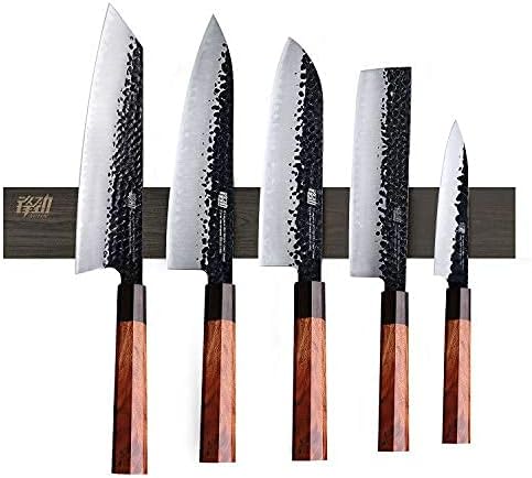 FINDKING 5Pcs Knife Set Dynasty series-3 layer 9CR18MOV clad steel w/octagon handle Chef's Knife with 18'' Acacia Wood Magnetic Knife Strip