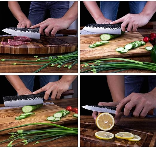 FINDKING 5Pcs Knife Set Dynasty series-3 layer 9CR18MOV clad steel w/octagon handle Chef's Knife with 18'' Acacia Wood Magnetic Knife Strip