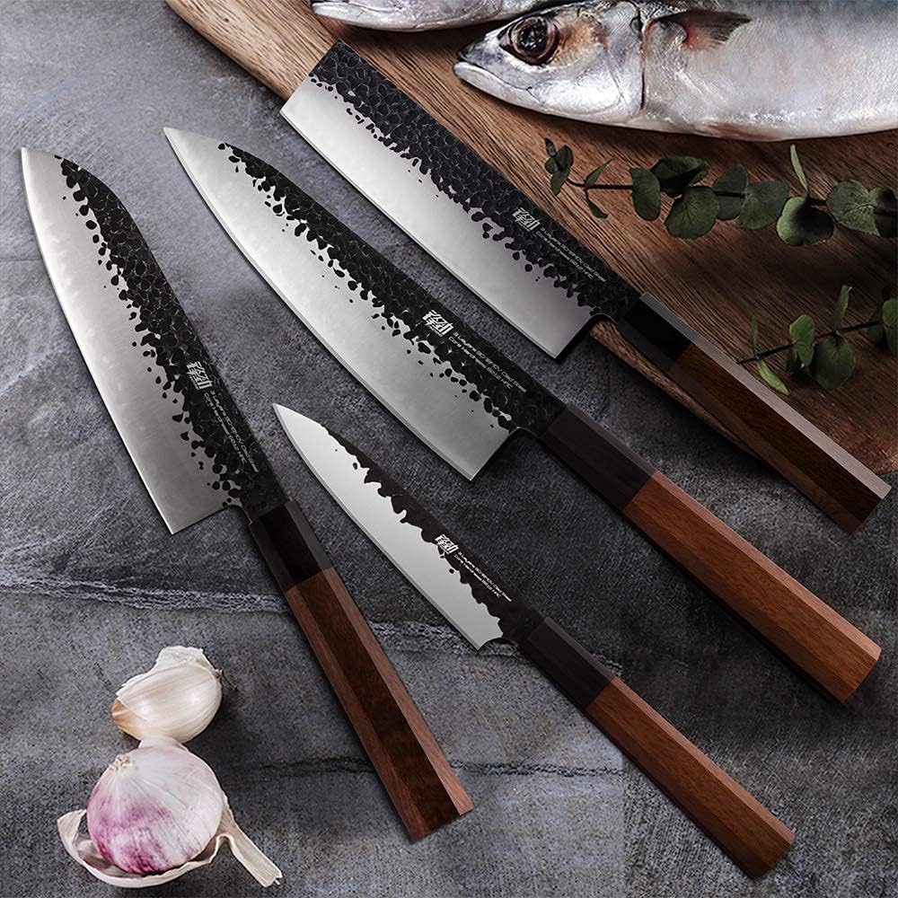 FINDKING 5Pcs Knife Set Dynasty series-3 layer 9CR18MOV clad steel w/octagon handle Chef's Knife with 18'' Acacia Wood Magnetic Knife Strip