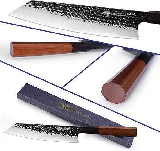 FINDKING 5Pcs Knife Set Dynasty series-3 layer 9CR18MOV clad steel w/octagon handle Chef's Knife with 18'' Acacia Wood Magnetic Knife Strip