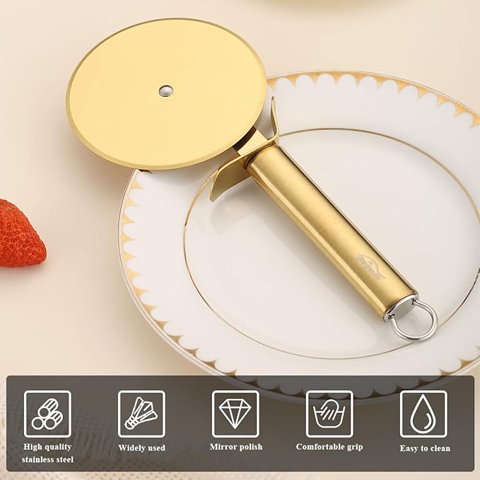 Berglander Pizza Wheel, Gold Titanium Plating Stainless Steel Pizza Cutter, Super Sharp Pizza Slicer With Titanium Gold Plating, Pastry Cutter, Easy to Clean And Stored