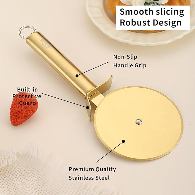 Berglander Pizza Wheel, Gold Titanium Plating Stainless Steel Pizza Cutter, Super Sharp Pizza Slicer With Titanium Gold Plating, Pastry Cutter, Easy to Clean And Stored