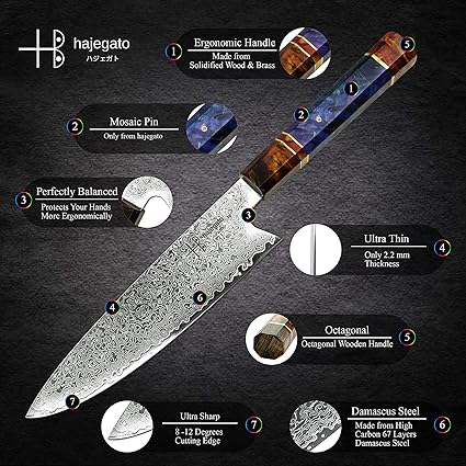 Ajegato Damascus Chef Knife Gyuto Unique One Of Kind Handle Professional 8 Inch Japanese Chefs Kitchen Knife Vg10 67 Layers Damascus Steel Knive with Sheath