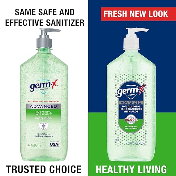 Germ-X Advanced Hand Sanitizer with Aloe and Vitamin E, Non-Drying Moisturizing Gel, Instant and No Rinse Formula, Pump Bottle, 1 Liter