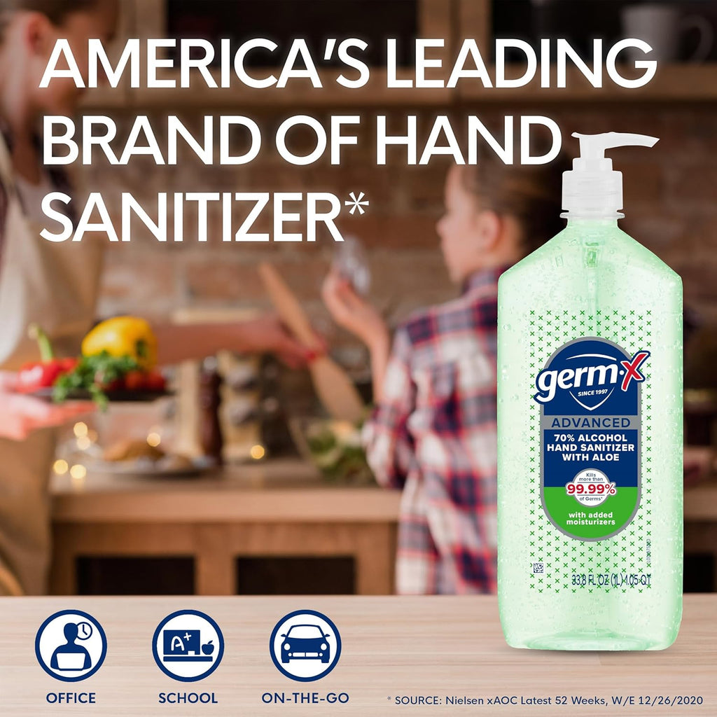 Germ-X Advanced Hand Sanitizer with Aloe and Vitamin E, Non-Drying Moisturizing Gel, Instant and No Rinse Formula, Pump Bottle, 1 Liter