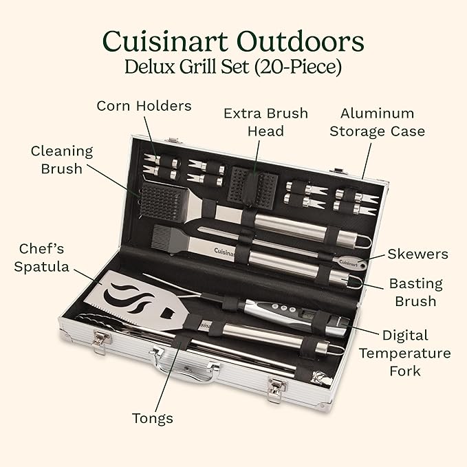 Cuisinart Deluxe Grill Tool Set, 20-Piece BBQ Kit with Aluminum Case &amp; Digital Temperature Fork, Spatula, Tongs, Grill Accessories &amp; Utensils, Grilling Set for Cookout