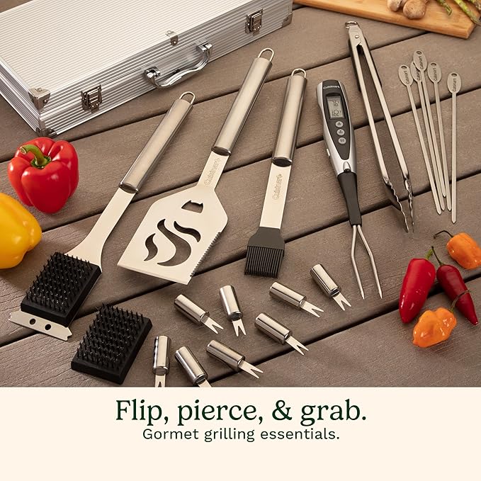 Cuisinart Deluxe Grill Tool Set, 20-Piece BBQ Kit with Aluminum Case &amp; Digital Temperature Fork, Spatula, Tongs, Grill Accessories &amp; Utensils, Grilling Set for Cookout