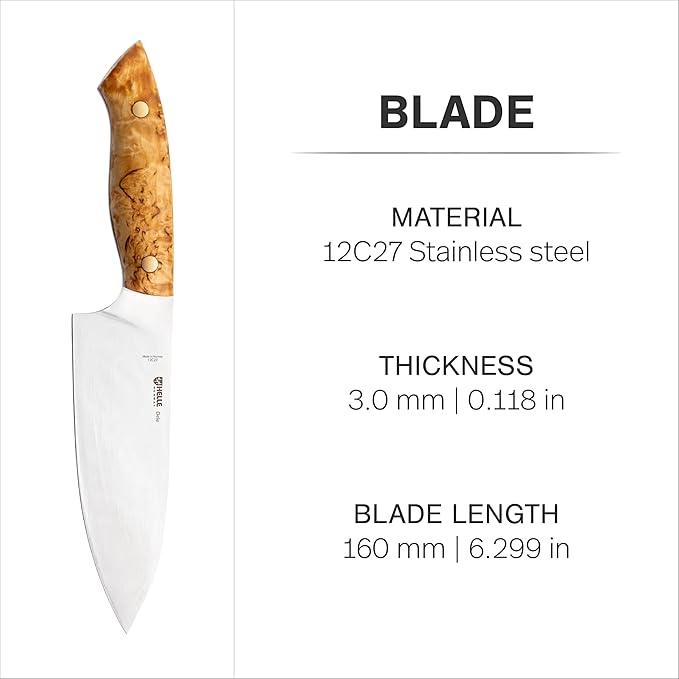 HELLE Knives - Dele - Fixed Blade - Full Tang - Chef Knife - Birch Wood Handle/Vulcanized Fibre Handle - Stainless Steel - Made in Norway