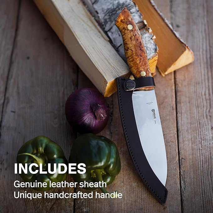 HELLE Knives - Dele - Fixed Blade - Full Tang - Chef Knife - Birch Wood Handle/Vulcanized Fibre Handle - Stainless Steel - Made in Norway