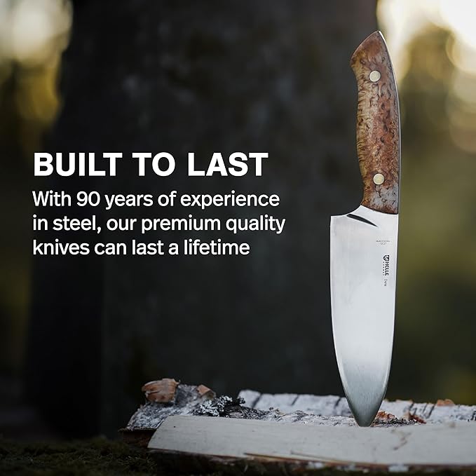 HELLE Knives - Dele - Fixed Blade - Full Tang - Chef Knife - Birch Wood Handle/Vulcanized Fibre Handle - Stainless Steel - Made in Norway