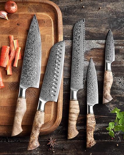 HEZHEN Damascus Kitchen Knives Set, Damascus Steel Japanese Style Chef Knife Utility Knife Santoku Knife,Figured Sycamore Wood Handle