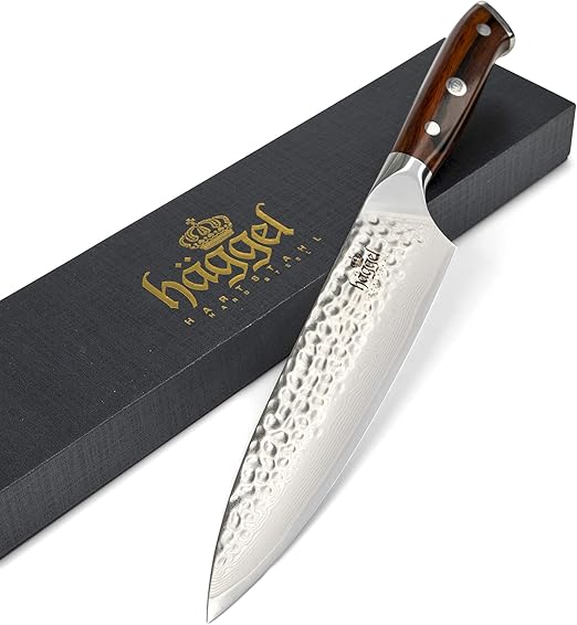 Haggel 8 Inch Damascus Chef's Knife for All-Around Food Preparation Ultra-Sharp Professional Kitchen Knife Hand Hammered VG10 Stainless Steel Blade Best Gifts for Chefs