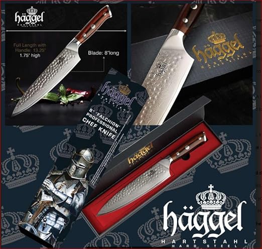 Haggel 8 Inch Damascus Chef's Knife for All-Around Food Preparation Ultra-Sharp Professional Kitchen Knife Hand Hammered VG10 Stainless Steel Blade Best Gifts for Chefs
