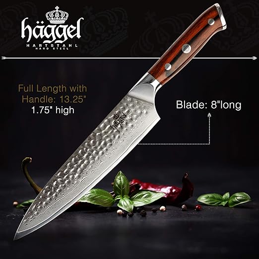 Haggel 8 Inch Damascus Chef's Knife for All-Around Food Preparation Ultra-Sharp Professional Kitchen Knife Hand Hammered VG10 Stainless Steel Blade Best Gifts for Chefs
