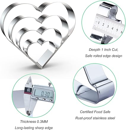 Heart Cookie Cutter Set Large/Small/Mini - 5 Inch, 4 Inch, 3 Inch, 2 Inch - 4 Piece Valentine's Heart Shaped Cookie Cutters Shapes Biscuit Molds for Baking - Stainless Steel