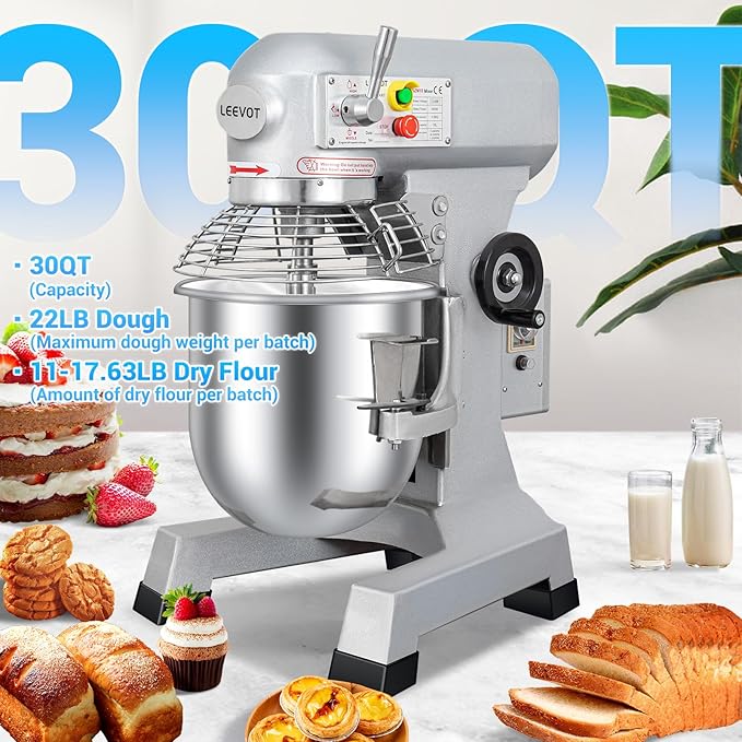 LEEVOT 30Qt 1250W Commercial Food Mixer, Commercial mixer 3-Speed Adjustable Heavy Duty Stand Mixer with Stainless Steel Bowl for Bakery Pizzeria.