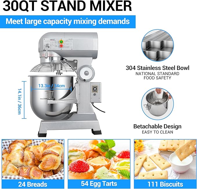 LEEVOT 30Qt 1250W Commercial Food Mixer, Commercial mixer 3-Speed Adjustable Heavy Duty Stand Mixer with Stainless Steel Bowl for Bakery Pizzeria.