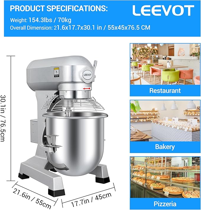LEEVOT 30Qt 1250W Commercial Food Mixer, Commercial mixer 3-Speed Adjustable Heavy Duty Stand Mixer with Stainless Steel Bowl for Bakery Pizzeria.