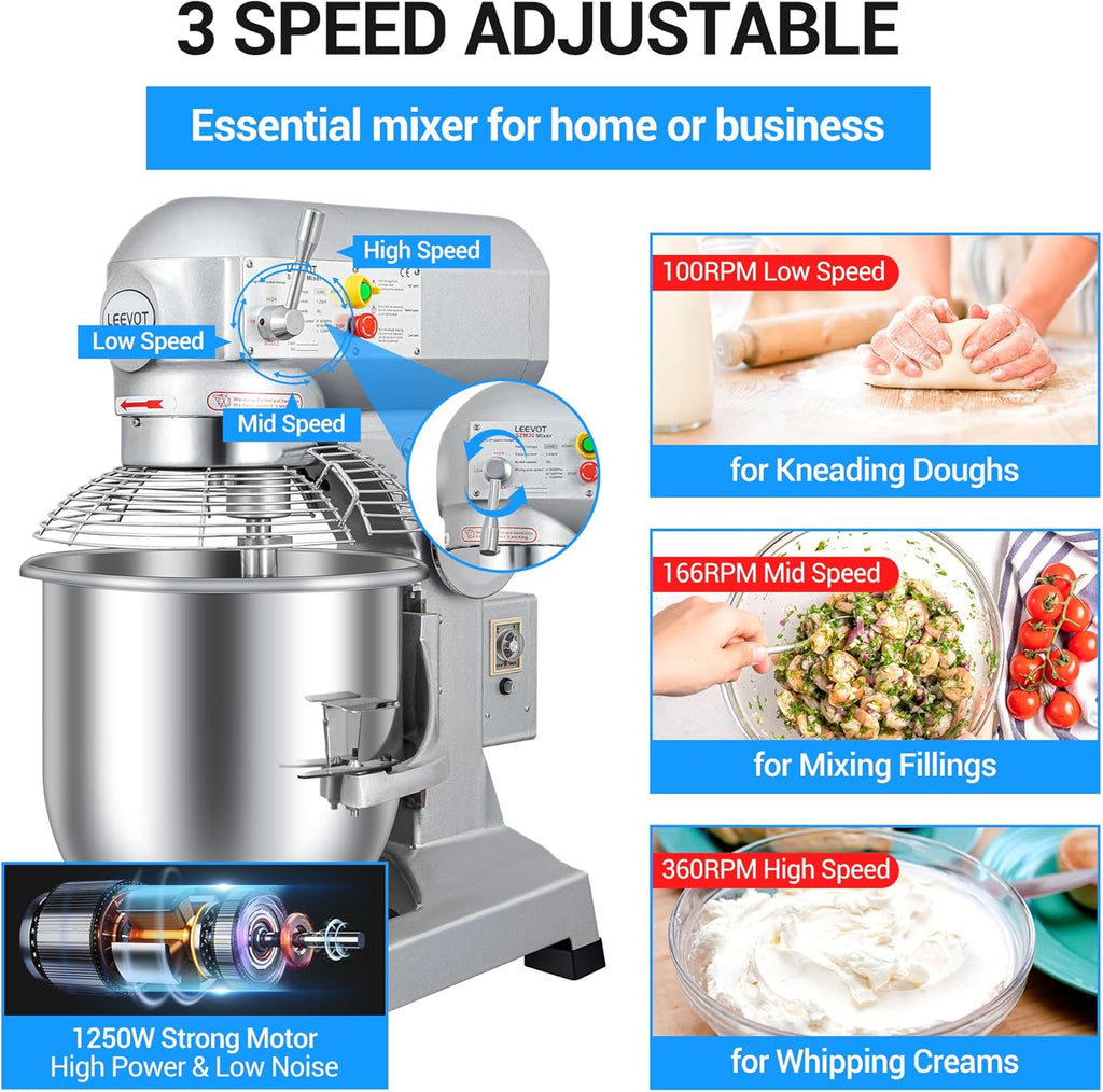 LEEVOT 30Qt 1250W Commercial Food Mixer, Commercial mixer 3-Speed Adjustable Heavy Duty Stand Mixer with Stainless Steel Bowl for Bakery Pizzeria.