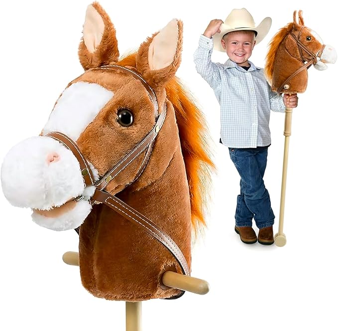 Derby HollyHOME Stick Horse Plush Handcrafted Hobby Horse on a Stick with Wood Wheels Real Pony Neighing and Galloping Sounds for Kids