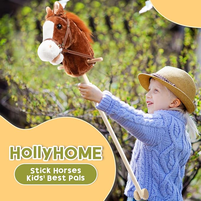 Derby HollyHOME Stick Horse Plush Handcrafted Hobby Horse on a Stick with Wood Wheels Real Pony Neighing and Galloping Sounds for Kids
