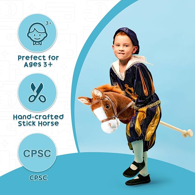 Derby HollyHOME Stick Horse Plush Handcrafted Hobby Horse on a Stick with Wood Wheels Real Pony Neighing and Galloping Sounds for Kids