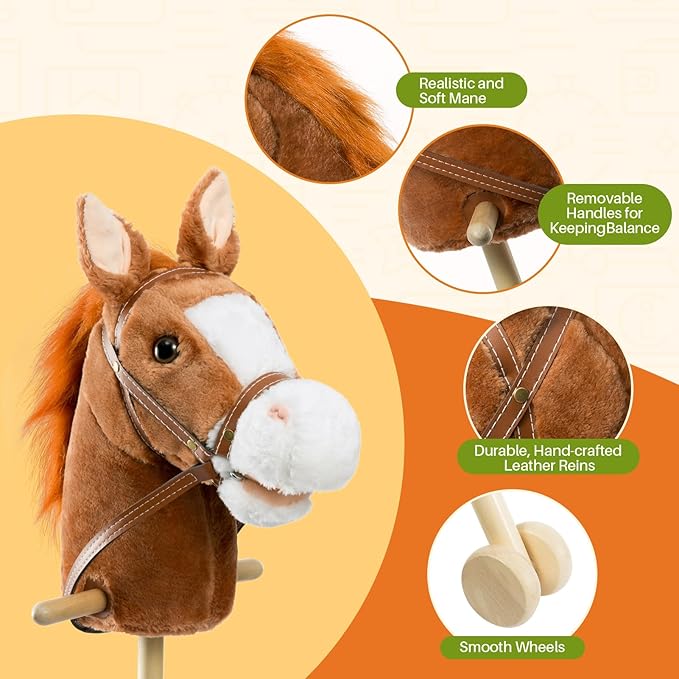 Derby HollyHOME Stick Horse Plush Handcrafted Hobby Horse on a Stick with Wood Wheels Real Pony Neighing and Galloping Sounds for Kids