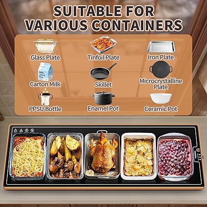 Extra Long 40"x12"-Tempered Glass Electric Warming Tray for Buffets Party/Home Daily Use Warming Mat for Food Warming Mat Food Warmer Button Temperature Control Heating Fastly in 10s for Family