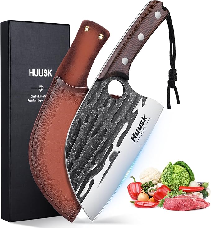 Huusk Japan Knives, Upgraded Serbian Chef Knife Japanese Meat Cleaver Knife for Meat Cutting Forged Butcher Knife with Sheath Full Tang Kitchen Chopping Knife for Home, Outdoor Cooking, Campin