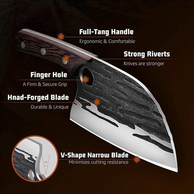 Huusk Japan Knives, Upgraded Serbian Chef Knife Japanese Meat Cleaver Knife for Meat Cutting Forged Butcher Knife with Sheath Full Tang Kitchen Chopping Knife for Home, Outdoor Cooking, Campin