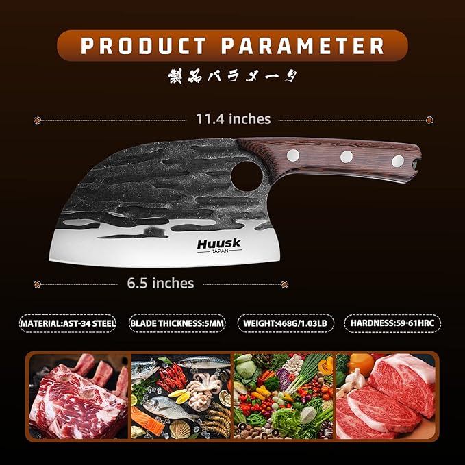 Huusk Japan Knives, Upgraded Serbian Chef Knife Japanese Meat Cleaver Knife for Meat Cutting Forged Butcher Knife with Sheath Full Tang Kitchen Chopping Knife for Home, Outdoor Cooking, Campin