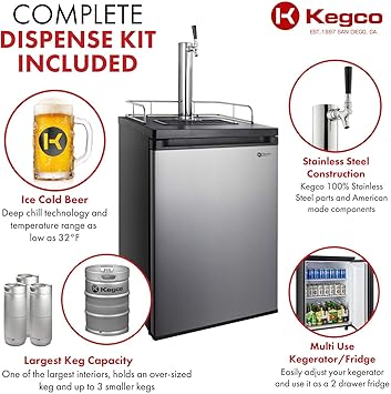 Kegco Kegerator Full Size Keg Refrigerator - Single Faucet - D System, Stainless Steel