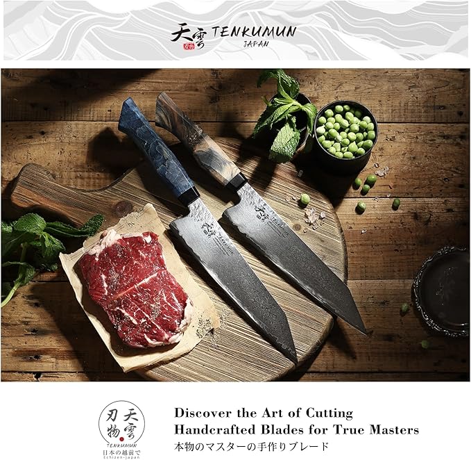 Tenkumun Japanese Gyutou Pro. Handcrafted 8 inch Chef Knife Handmade Forged Knife Japan VG-10 Super Damascus Steel -Kokoro ser. with Wood Handle
